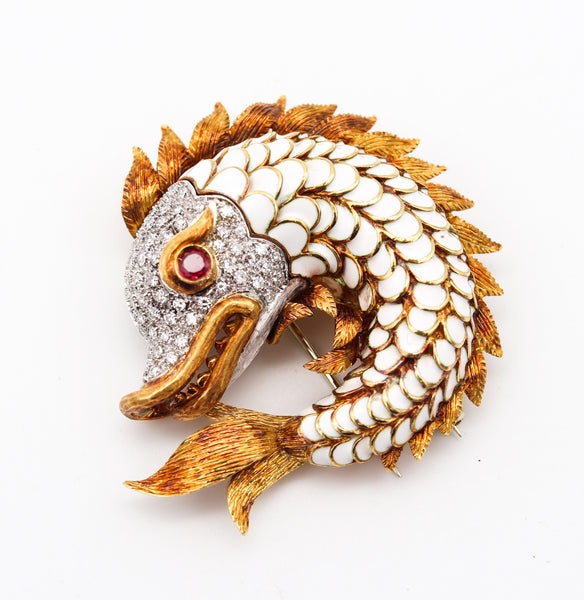 Corletto 1960 Enameled Mythological Fish Brooch In 18Kt Gold & Platinum With 2.87 Cts In Diamonds