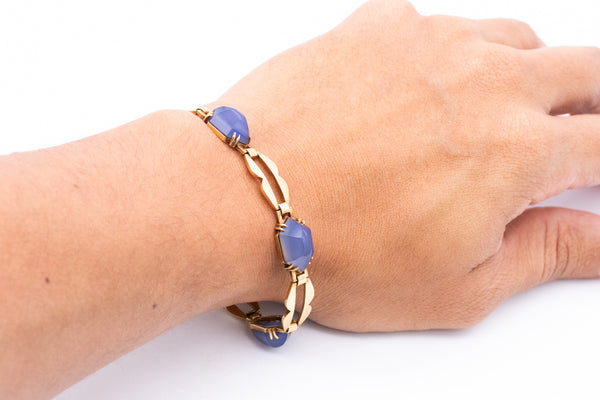 -French 1930 Art Deco Bracelet In 18Kt Yellow Gold With 35 Cts Of Blue Chalcedony