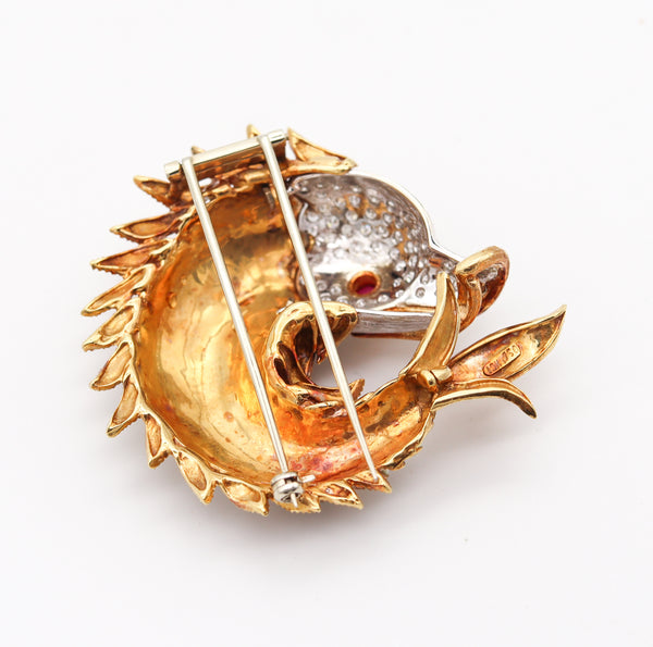 Corletto 1960 Enameled Mythological Fish Brooch In 18Kt Gold & Platinum With 2.87 Cts In Diamonds