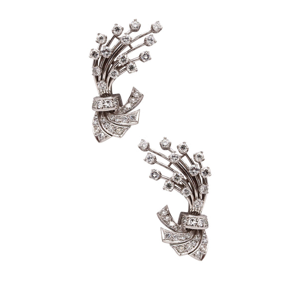 Art Deco 1940 Platinum Clips Earrings With 2.88 Cts In VS Diamonds
