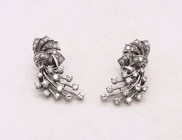 Art Deco 1940 Platinum Clips Earrings With 2.88 Cts In VS Diamonds