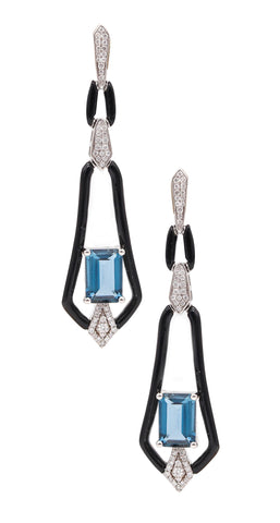 -Art Deco Revival Dangle Drop Earrings In 14Kt Gold With 7.23 Cts In Diamonds And Topaz