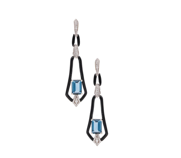 -Art Deco Revival Dangle Drop Earrings In 14Kt Gold With 7.23 Cts In Diamonds And Topaz