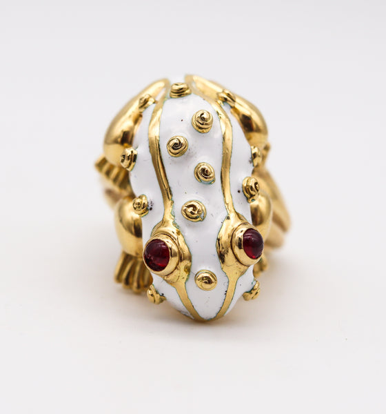 David Webb New York Iconic Enameled Frog Ring In 18Kt Yellow Gold With Rubies