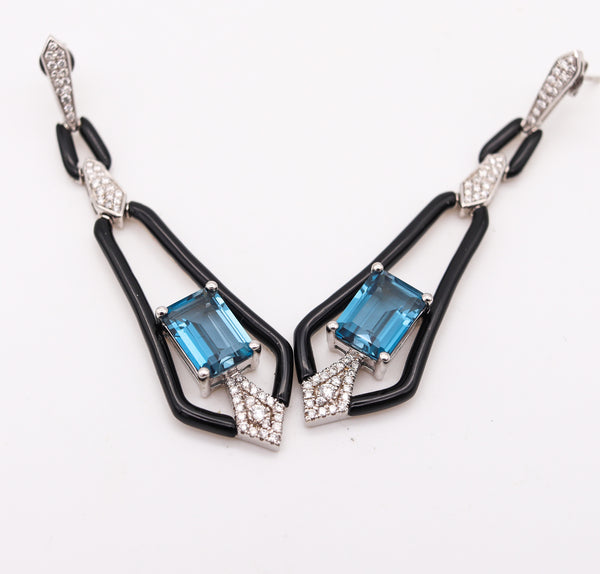 -Art Deco Revival Dangle Drop Earrings In 14Kt Gold With 7.23 Cts In Diamonds And Topaz