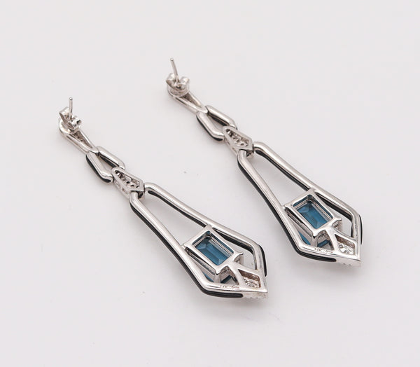 -Art Deco Revival Dangle Drop Earrings In 14Kt Gold With 7.23 Cts In Diamonds And Topaz