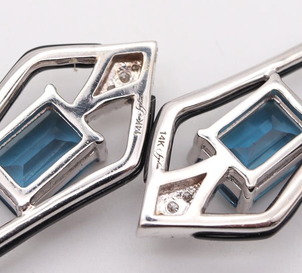 -Art Deco Revival Dangle Drop Earrings In 14Kt Gold With 7.23 Cts In Diamonds And Topaz