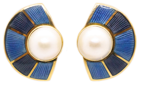 LEO DE VROOMEN 18 KT BLUE ENAMELED EARRINGS WITH PEARLS