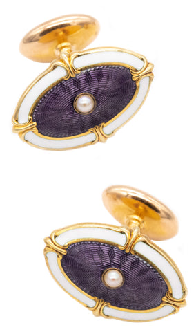 Edwardian 1905 Antique Cufflinks In 14Kt Yellow Gold With Guilloche Enamel And Pearls