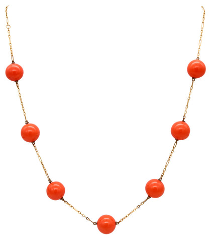 *Modernist 1970's Italian Necklace in 18 Kt yellow gold with seven 14 mm coral beads