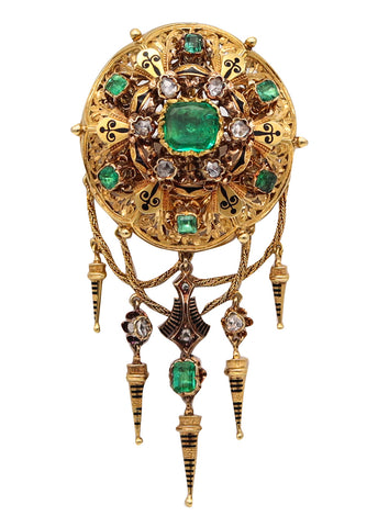 -Georgian 1810 Antique Convertible Brooch In 18Kt Gold With 6.48 Ctw In Emeralds And Diamonds