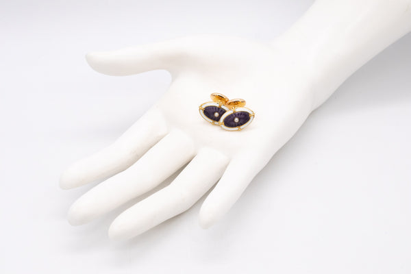 Edwardian 1905 Antique Cufflinks In 14Kt Yellow Gold With Guilloche Enamel And Pearls