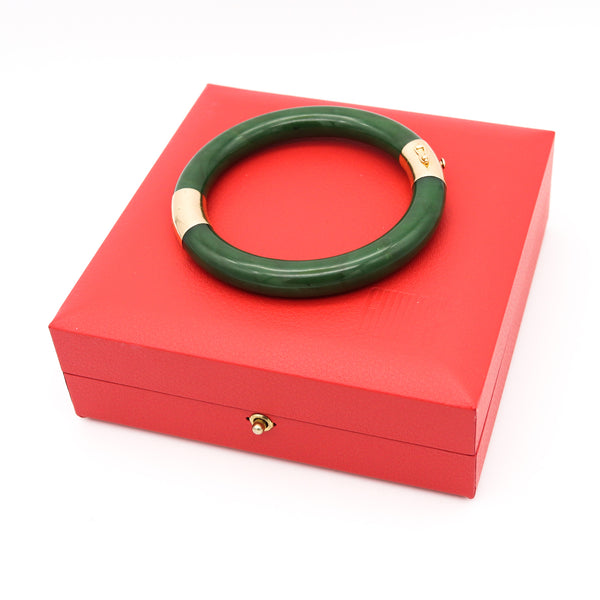 Gumps San Francisco Nephrite Green Jade Bangle Bracelet Mounted In 14Kt Yellow Gold