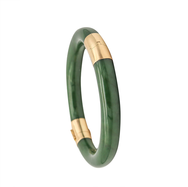 Gumps San Francisco Nephrite Green Jade Bangle Bracelet Mounted In 14Kt Yellow Gold