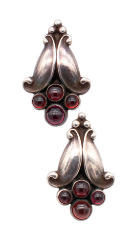 GEORG JENSEN 1915 STERLING SILVER ART NOUVEAU EARRINGS WITH GARNETS MODEL 32B