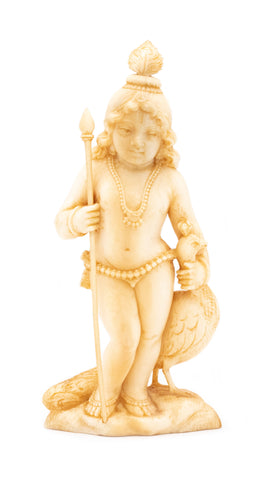 HINDU 1900'S CARVING OF STANDING FIGURE OF KARTIKEYA WITH SPEAR & SWAN