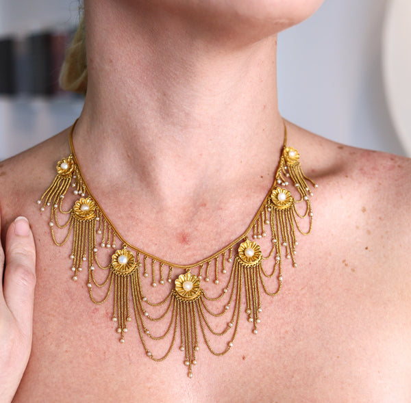 -Victorian 1870 Gorgeous Festoon Fringe Necklace In 18Kt Yellow Gold With Natural Pearls