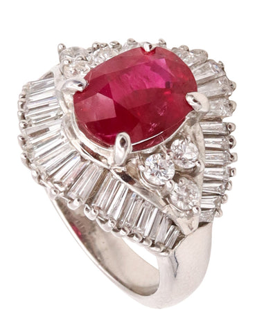 AIGS Certified Cocktail Ring In Platinum With 4.08 Cts Pigeon Blood Ruby And Diamonds