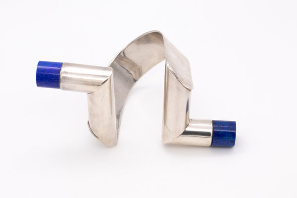 Italy Milano 1980 Memphis Geometric Bracelet In .925 Sterling Silver With Carved Lapis Lazuli