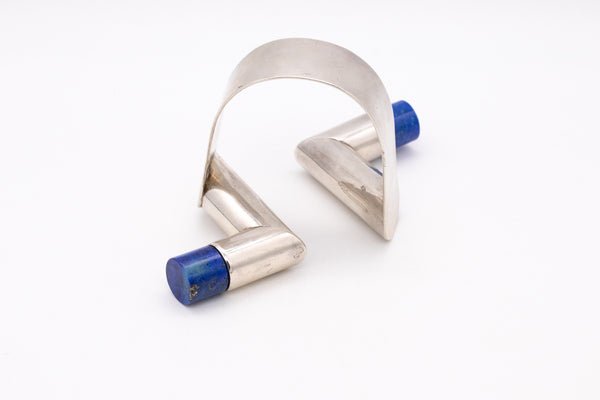 Italy Milano 1980 Memphis Geometric Bracelet In .925 Sterling Silver With Carved Lapis Lazuli