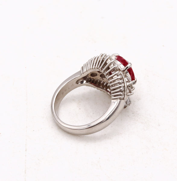 AIGS Certified Cocktail Ring In Platinum With 4.08 Cts Pigeon Blood Ruby And Diamonds