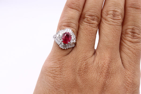 AIGS Certified Cocktail Ring In Platinum With 4.08 Cts Pigeon Blood Ruby And Diamonds