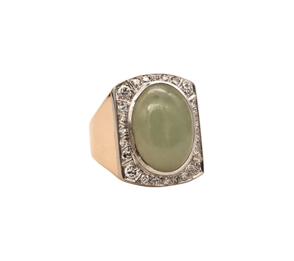 *Art-Deco men's ring in 18 kt gold and platinum with 9.3 Cts in diamonds and greenish jadeite jade