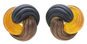 MODERN 18KT GOLD EARRINGS WITH CARVINGS OF CITRINE, EBONY & ROSE WOOD