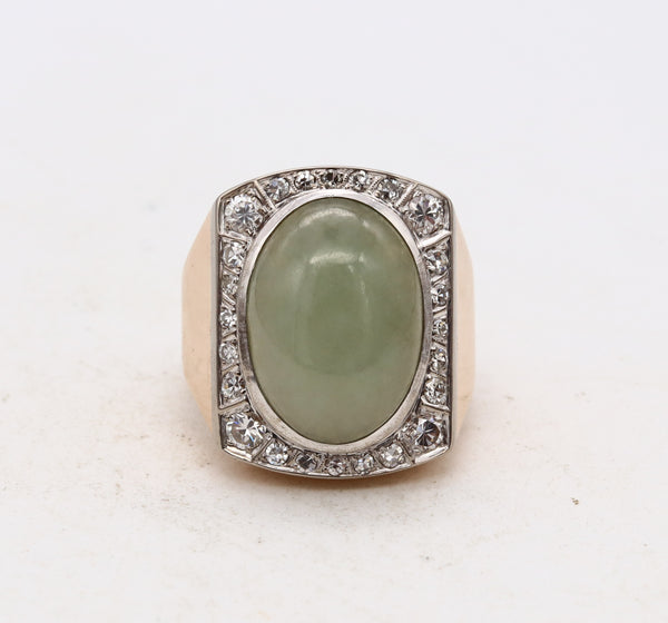 *Art-Deco men's ring in 18 kt gold and platinum with 9.3 Cts in diamonds and greenish jadeite jade