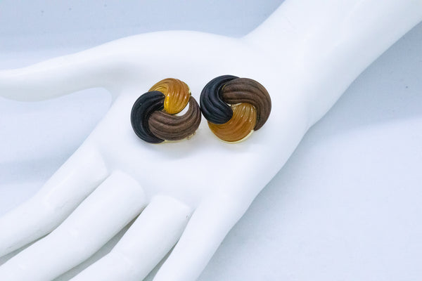 MODERN 18KT GOLD EARRINGS WITH CARVINGS OF CITRINE, EBONY & ROSE WOOD