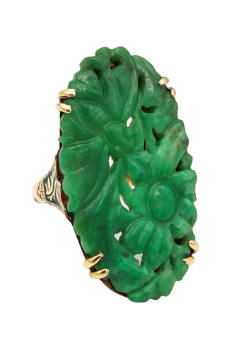 Art Deco 1925 Chinoiserie Enameled Oval Ring In 14Kt Gold With Carved Nephrite Jade