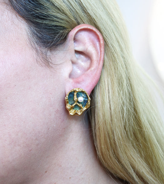 -Gubelin 1960 Gilbert Albert Organic Earrings In 18Kt Gold With Abalone Shell And Pearls