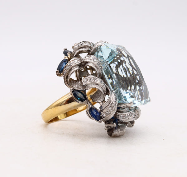*Gia certified Mid-Century 1960 ring in18 kt gold with 50.81 Cts in aquamarine sapphires & diamonds