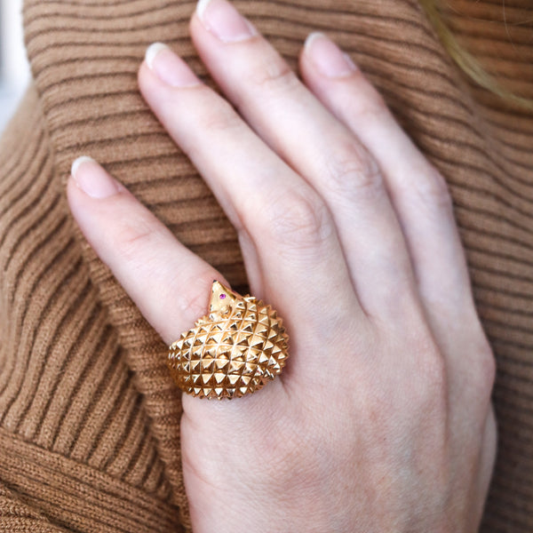 -Boucheron Paris Textured Porcupine Ring In 18Kt Yellow Gold With Two Rubies