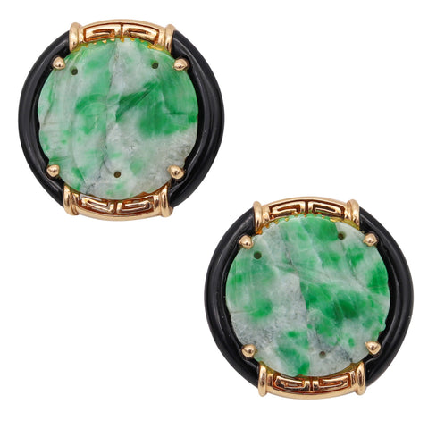 Art Deco Modern Classic Earrings In 14Kt Yellow Gold With 13.94 Cts Of Carved Jadeite & Onyx