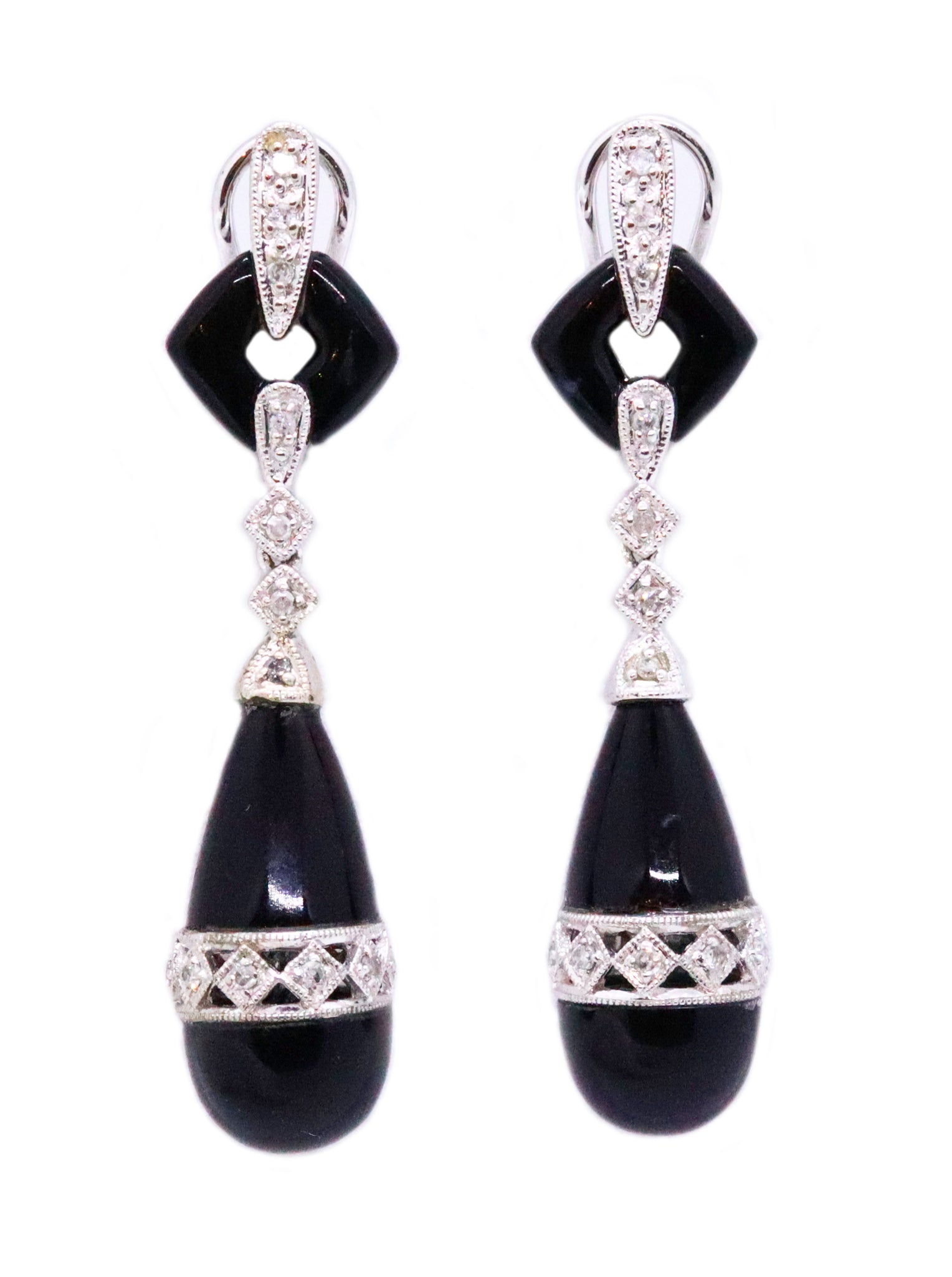 GERMAN DECO ONYX & DIAMONDS 14 KT GOLD PAIR OF EARRINGS