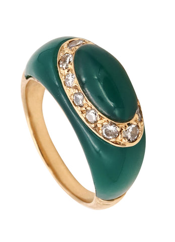 Van Cleef And Arpels 1970 Paris 18Kt Yellow Gold Ring With 12 VS Diamonds And Chrysoprase