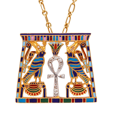 -French 1930 Art Deco Egyptian Revival Necklace in 18Kt Gold With Cloisonne And Diamonds