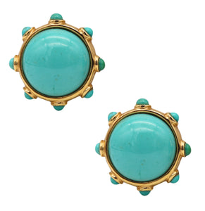 Modernist Italian Clips Earrings With 28.20 Cts Turquoises In 18Kt Yellow Gold