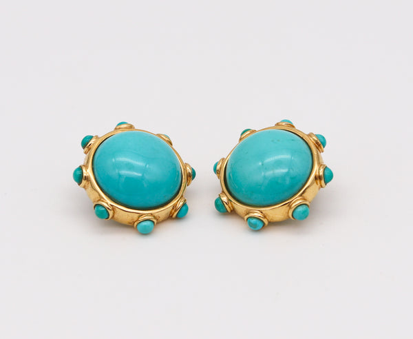 Modernist Italian Clips Earrings With 28.20 Cts Turquoises In 18Kt Yellow Gold