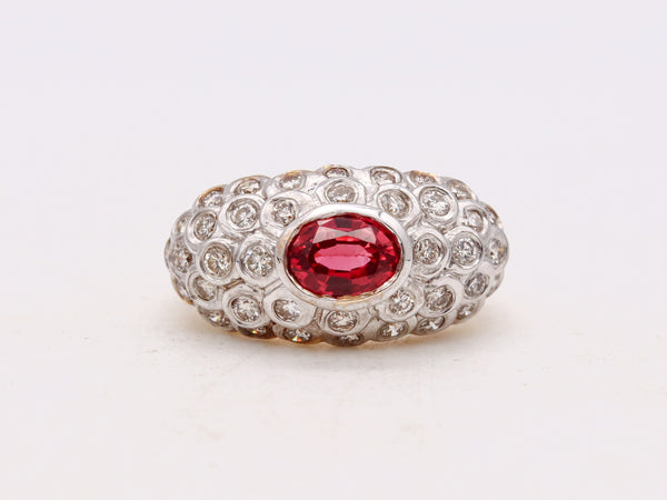 *Cocktail domed ring in solid 14 kt yellow gold with 1.88 Cts in diamonds and ruby