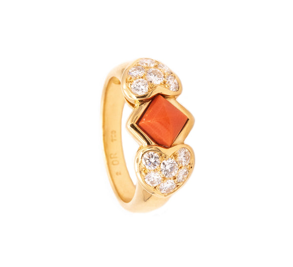 Christian Dior 1970 Paris 18 Karats Gold Ring With 1.96 Ctw In Diamonds And Coral