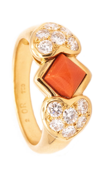 Christian Dior 1970 Paris 18 Karats Gold Ring With 1.96 Ctw In Diamonds And Coral