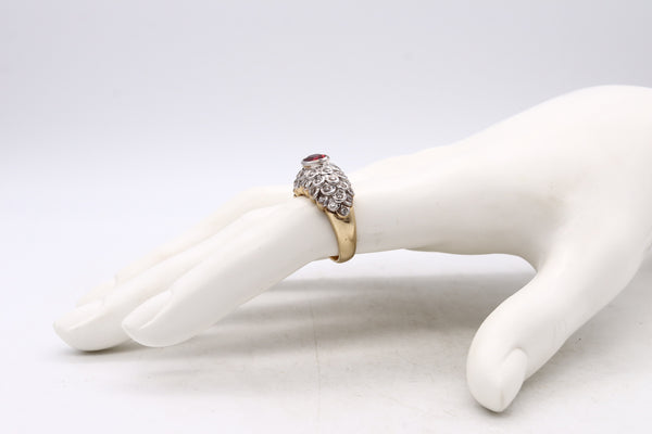 *Cocktail domed ring in solid 14 kt yellow gold with 1.88 Cts in diamonds and ruby
