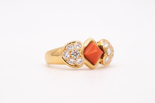 Christian Dior 1970 Paris 18 Karats Gold Ring With 1.96 Ctw In Diamonds And Coral