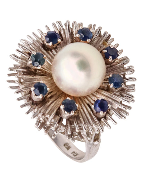 (S)Mid Century Retro Cocktail Ring In 14Kt White Gold With 8 Sapphires And One 8 MM Pearl
