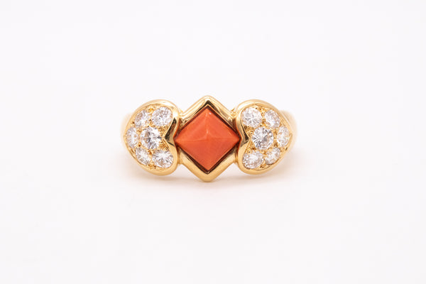 Christian Dior 1970 Paris 18 Karats Gold Ring With 1.96 Ctw In Diamonds And Coral