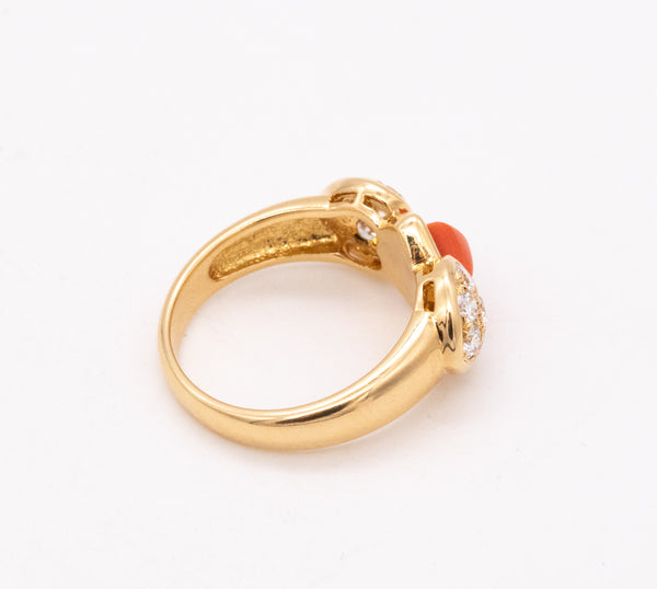 Christian Dior 1970 Paris 18 Karats Gold Ring With 1.96 Ctw In Diamonds And Coral