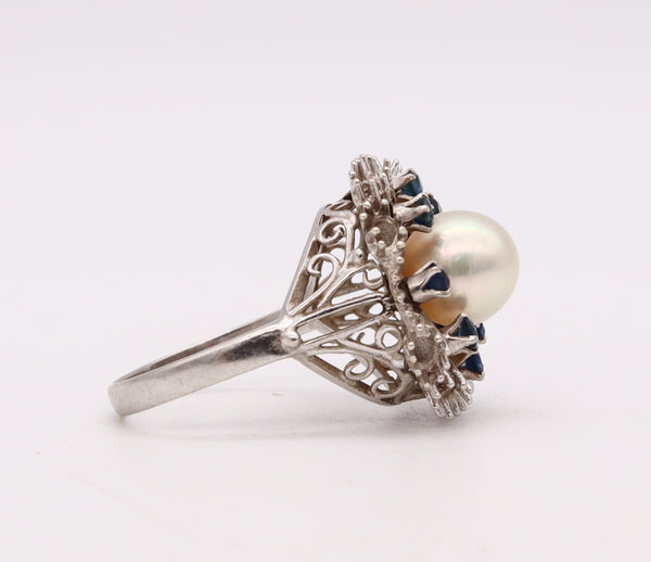 (S)Mid Century Retro Cocktail Ring In 14Kt White Gold With 8 Sapphires And One 8 MM Pearl
