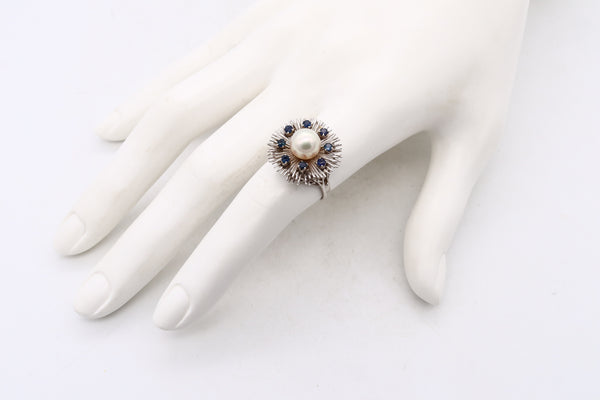 (S)Mid Century Retro Cocktail Ring In 14Kt White Gold With 8 Sapphires And One 8 MM Pearl